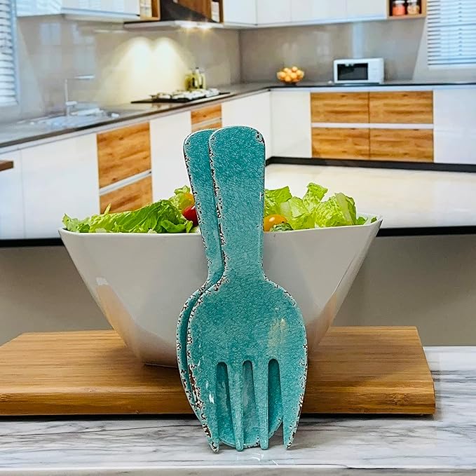 UPware Crackle Melamine Salad Servers, Serving Utensil Set, Includes Serving Fork and Spoon for Tossing Salad, Pasta, Turquoise, 10.75 Inch, Set of 2