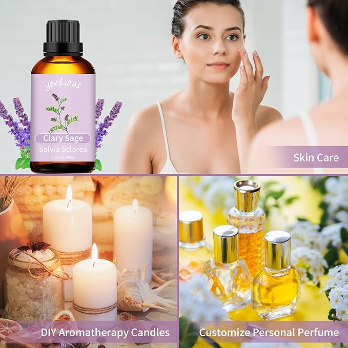 yethious Clary Sage Essential Oil for Diffuser & Aromatherapy, Skin, Candle Soap Making Fragrance DIY - Clary Sage Oil Organic 3.38 Fl Oz