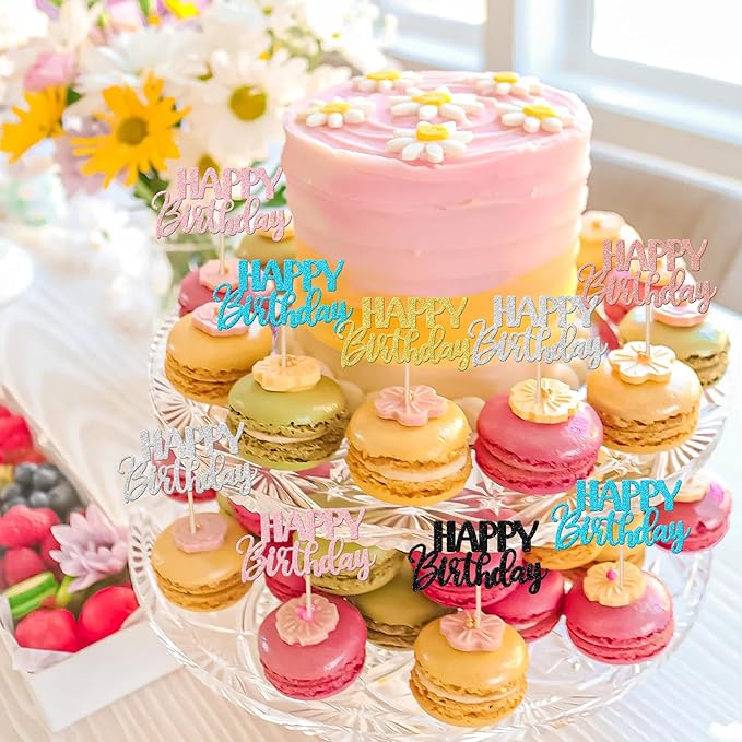 30 PCS Happy Birthday Cupcake Toppers Glitter Happy Birthday Cupcake Picks for Celebrating Birthday Anniversary Theme Party Cake Decorations Supplies Mixed 6 Colors