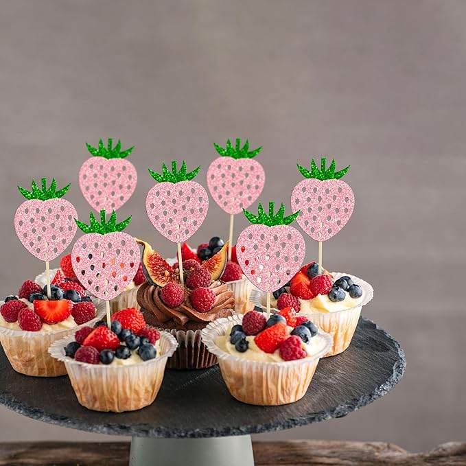 24 Pack Strawberry Cupcake Toppers Glitter Birthday Strawberry Cupcake Picks for Fruit Baby Shower Kids Birthday Summer Berry Cupcake Decorations Party Supplies Pink