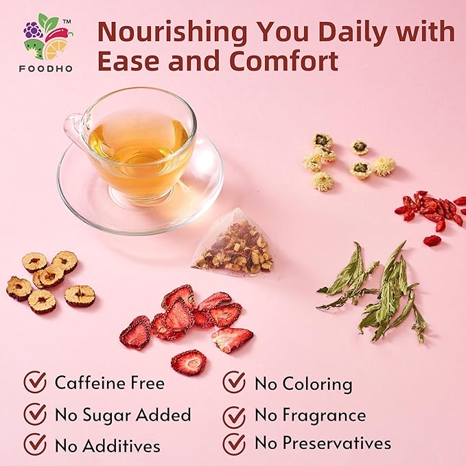 FOODHO Fruit & Herbal Tea Blend for Beauty – With Strawberry, Red Dates, Goji Berries & Chrysanthemum – Caffeine Free, Sugar Free, 10 Sustainable Tea Bags