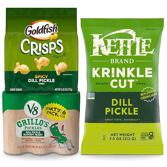 V8 Grillo's Dill Pickle Bloody Mary Mix 6 Pack, Goldfish Dill Pickle Chips 6.25 Oz, Kettle Dill Pickle Chips 7.5 Oz