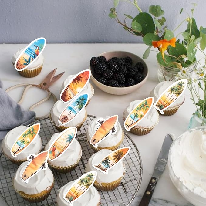 60 Pack Edible Palm Tree Cupcake Toppers Rice Paper Green Palm Tree Coconuts Cupcake Picks for Summer Beach Theme Hawaii Baby Shower Birthday Party Cake Decorations Supplies