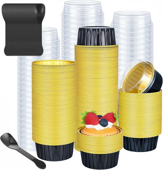 Hushee 600 Pcs Aluminum Foil Baking Cups with Lids and Spoons 5oz Disposable Ramekins Dessert Muffin Creme Brulee Cupcake Liners Containers for Wedding Birthday Christmas Party(Round,Black Gold)