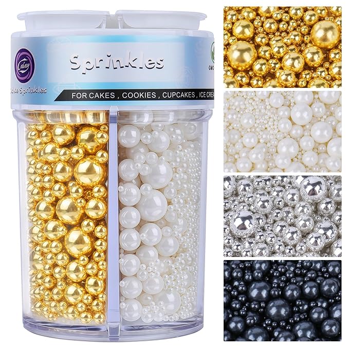 Sprinkles Pearl Mix 4 Colors for Cake Decorating, Gold White and Silver Sprinkles Black Pearl for Baking Cake Cupcake Cookie Ice Cream Brownie Decoration 116gm