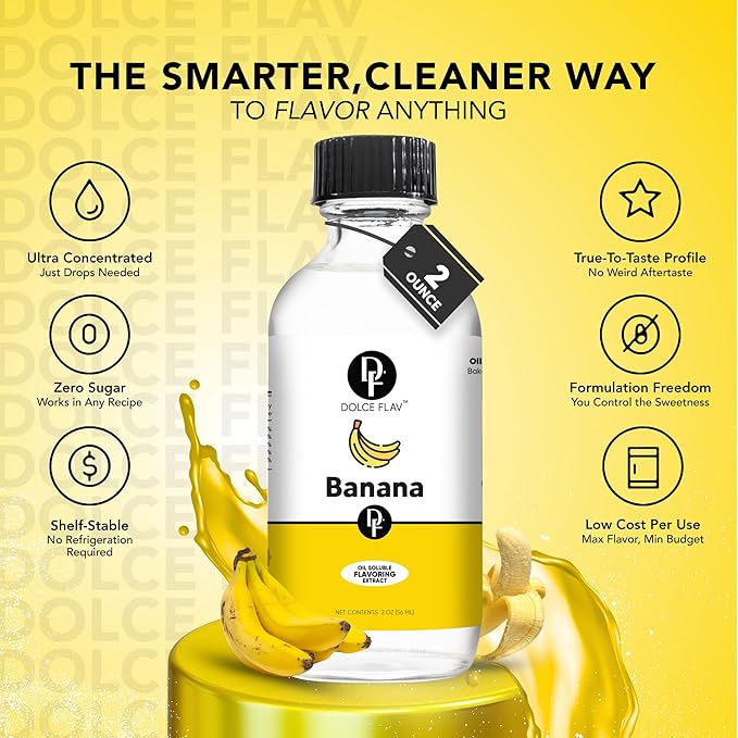 Dolce Flav Banana Extract ??2 Ounce Oil-Soluble Kosher, Sugar-Free, Concentrated Ripe Banana Flavoring for Baking, Smoothies & Ice Cream, Includes Measured Dropper