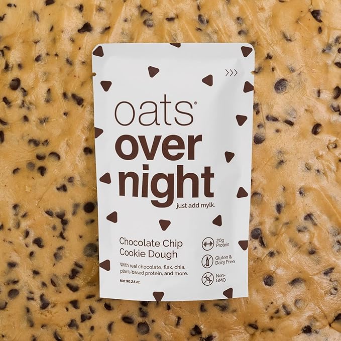 Oats Overnight - Chocolate Chip Cookie Dough - Vegan, 20g Protein, High Fiber Breakfast Shake - Gluten Free, Non GMO Oatmeal (2.6 oz per meal) (8 Pack + Shaker Bottle)