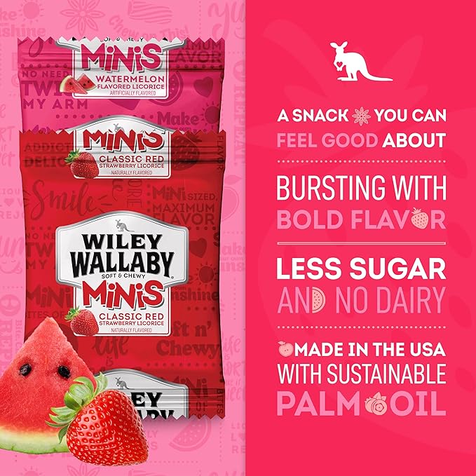 Wiley Wallaby Mini Licorice Bites 0.5 Ounce Classic Gourmet Soft & Chewy Australian Classic Red and Watermelon Licorice Candy Bags, 80 Pack