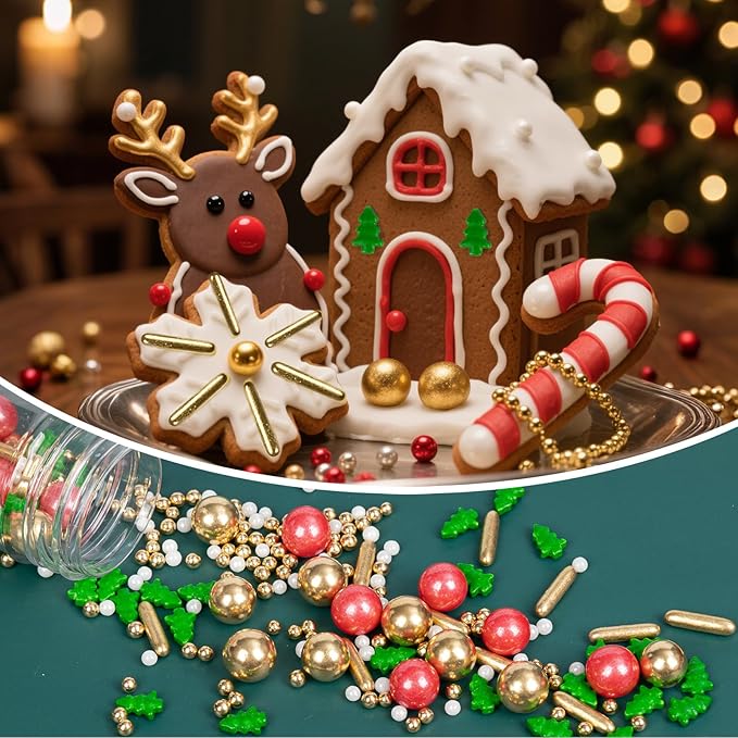 Twisweet Christmas Sprinkles, Gold and Red Pearls for Cake Decorating, Edible Christmas Tree Sugar Sprinkles for Baking, Candy Pearls Rods Mix, Cake Topper Ice Cream Cupcake Cookie Toppings Dessert Decorations, Xmas Party Supplies (130g/4.58oz)