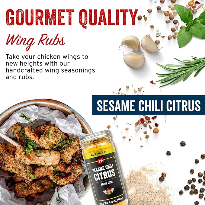 PS Seasoning Sesame Chili Citrus Wing Rub - Zesty Korean Seasoning Dust with Sesame, Gochugaru Chili, Citrus - Chicken Wing Dry Rub & Topping for Poultry, Turkey, Pork, Veggies, Popcorn & Dips, 4.2oz