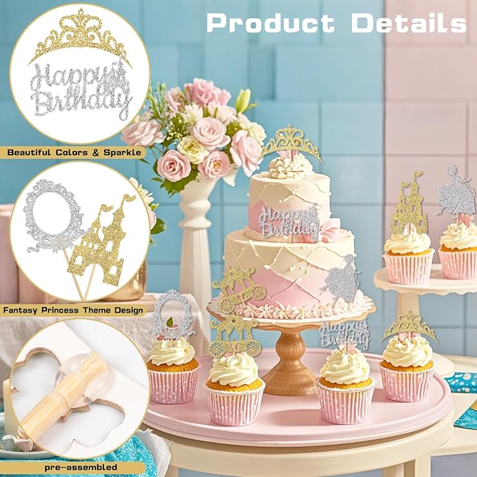 24pcs Gold Castle Cupcake Toppers Glitter Princess Prom Crown Cupcake Toppers for Princess Birthday Party Decorations Baby Shower Cake Decorations Supplies halloween party decor