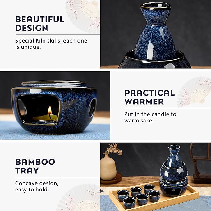 DUJUST 10 pcs Japanese Sake Set with Warmer for 6, Kiln Altered Glaze Porcelain Sake Set, 6 Sake Cups, 1 Sake Bottle, 1 Warmer, 1 Candle Stove, 1 Tray&1 Box, Warm Sake Carafe, Japanese Gifts- Darkblue