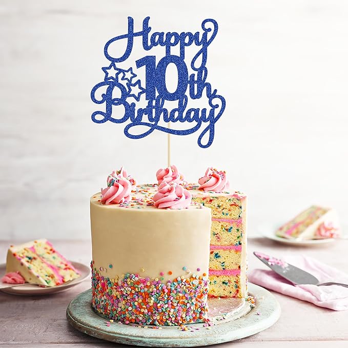 1 Pack Happy 10th Birthday Cake Topper Glitter Heart Star 10 Fabulous Cake Pick Birthday Sign Cake Decorations for Children 10th Birthday Theme Party Supplies Blue