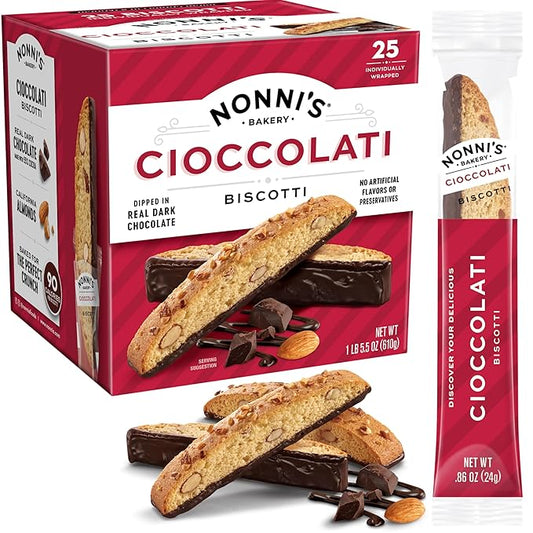 Nonni's Cioccolati Dark Chocolate Almond Biscotti Cookies ??Individually Wrapped Italian Coffee Snack, Crunchy Twice-Baked, 90 Cal Each, 21.5 oz Carton