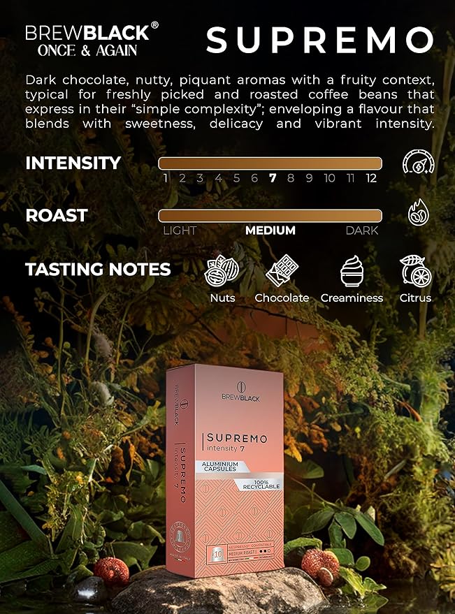 BrewBlack Supremo Coffee Capsules - 120 Aluminum Coffee Pods Compatible with Nespresso Original line, 100% Arabica Medium Roast - Intensity 7/12, Made in Italy
