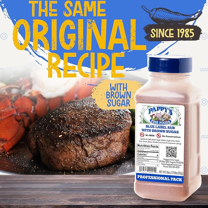 New Pappy's Blue Label Rub With Brown Sugar. Perfect for bbq and smoked brisket, steak, beef, chicken, fajita, seafood, veggies, rotisserie, fried, roast pulled and slow cooked meats and more - A NEW twist on a 30+ year seasoning recipe.