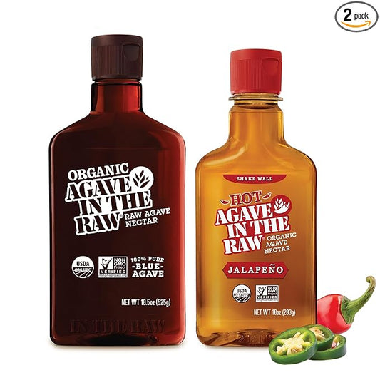 In the Raw Organic Blue Agave Syrup Bundle – Raw Agave Nectar (18.5 Oz) Sugar Substitute + Hot Agave Nectar (10 Oz) Hot Honey Alternative
