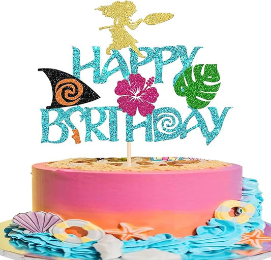 Rsstarxi 1 Pack Moana Happy Birthday Cake Topper Blue Glitter Palm Leaf Flower Cake Pick for Summer Hawaiian Tropical Luau Baby Shower Kids Birthday Party Cake Decorations Supplies
