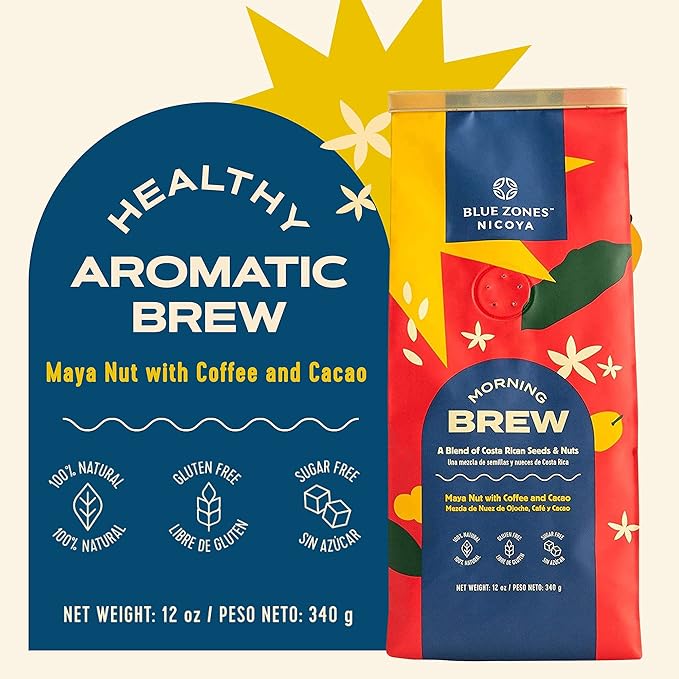 Blue Zones Nicoya - Morning Brew, Maya Nut with Coffee and Cacao - 100% Natural Ground Coffee Alternative - High Micronutrients - Low Caffeine, Gluten & Sugar-Free (12 oz/ 340g)