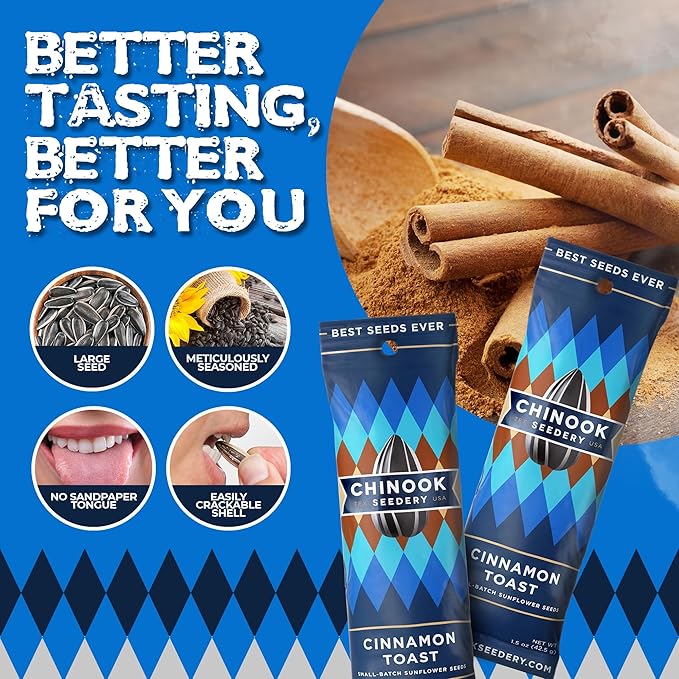 Chinook Seedery Roasted Sunflower Seeds to Eat - 1.5 oz (Pack of 36) Cinnamon Toast - Jumbo Low Sodium Sunflower Seeds Keto Snacks - Adventure, Baseball, School Snacks - Gluten Free, Non GMO Snacks