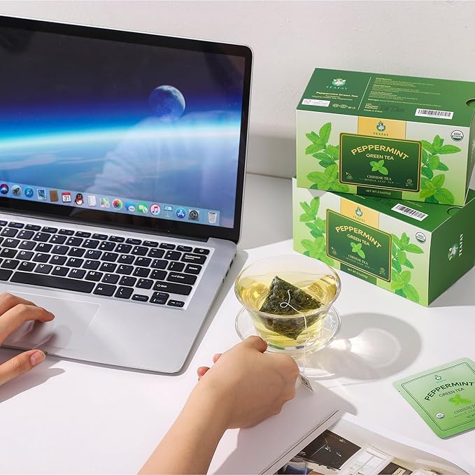TEAFAY Organic Peppermint Green Tea ??20 Count (40 Cups), 100% Natural, Handpicked, Whole Leaf Pyramid Tea Bags, Individually Wrapped, Refreshing Minty Aroma, Caffeinated, Eco-Friendly