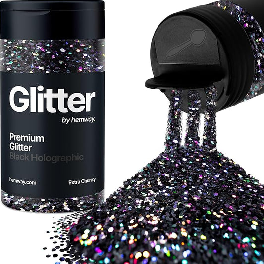 Hemway Premium Glitter Shaker - Black Holographic | 115g Extra Chunky Metallic Flake Sequins for Resin & Epoxy Crafts | Craft Supplies for Tumblers, Festival, Art