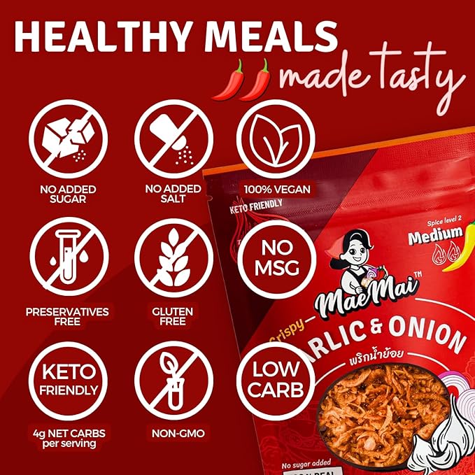 MaeMai Medium Spice (SPICY) - Crispy Onions & Garlic Flakes - Crunchy All-Purpose Seasoning, Keto, Salad Toppings, Fried Onions - Ramen, Rice Seasoning, Vegan, Gluten-free | 3.17oz (90g)