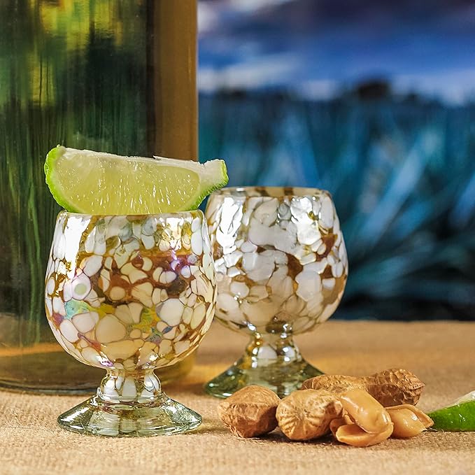 Authentic Mexican Tequila Hand Blown Shot Glasses - Set of 4-2 oz - Mini Glass Snifters - Heavy Base - Cognac (Gold)