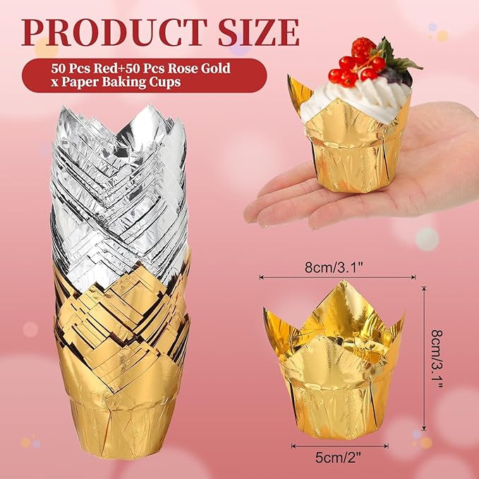 uxcell 100 Pcs Tulip Cupcake Liners, Muffins Liners Aluminum Foil Cupcake Wrappers Baking Cups Muffins Liners for Wedding Birthday Party Supplies, Gold/Silver