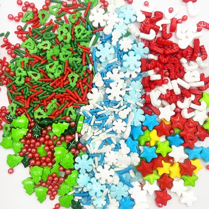Tree Star Snowflakes Sprinkles Candy Sugar Sprinkle Red and Green Sprinkles Cake Decorations Cupcake Toppers Cookie Decorating Ice Cream Celebrations 3.2oz