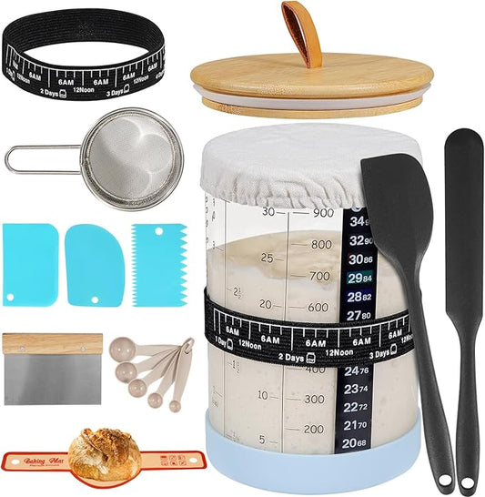Sourdough Starter Jar,Sourdough Starter Kit with Ounce&ML Scale Line,Date Marked Feeding Band, Thermometer, Sourdough Jar Scraper, Silicone Lid,Cloth Cover & Bamboo Wood Lid(30oz/900ml)