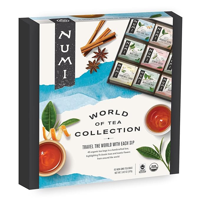 Numi Organic Tea World of Tea Gift Set, 45 Tea Bags, Fair Trade Black, Green, Mat챕, Rooibos & Herbal Tea Sampler