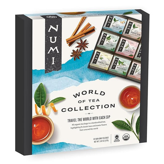 Numi Organic Tea World of Tea Gift Set, 45 Tea Bags, Fair Trade Black, Green, Mat챕, Rooibos & Herbal Tea Sampler