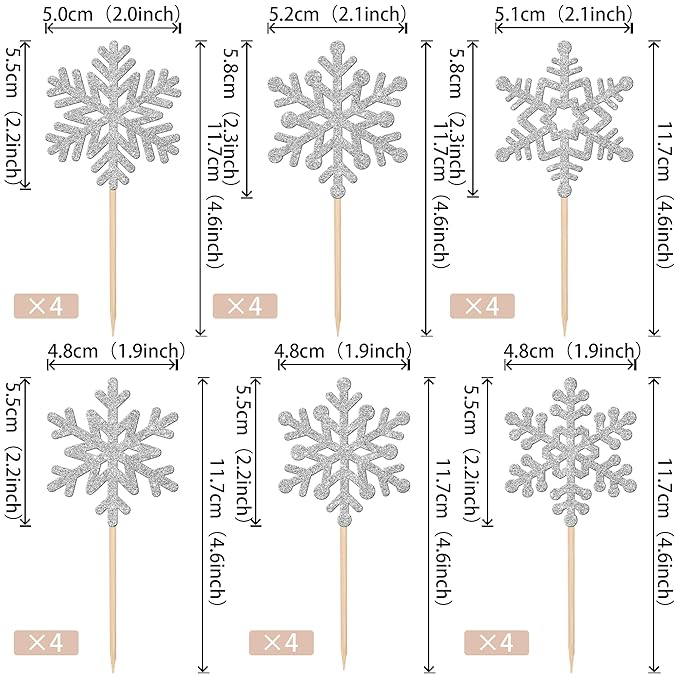 24 PCS Snowflake Cupcake Toppers Glitter Frozen Snowflake Cupcake Picks Winter Wonderland Cake Decorations for Winter Frozen Theme Baby Shower Kids Birthday Christmas Party Supplies Silver