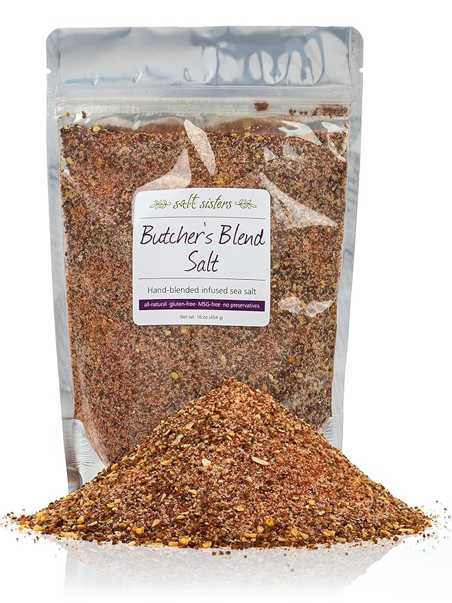 s.a.l.t. sisters Butcher's Blend Sea Salt, Unique BBQ Spices + Salt Blend Alternative to Table Salt, Meat Seafood Vegetable Seasoning, GMO Free, MSG Free, Resealable Pouch, 16 oz