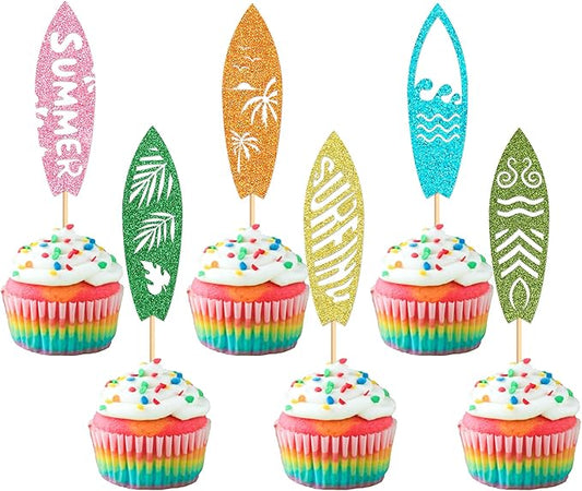24Pcs Surfboard Cupcake Toppers Swimming Pool Birthday Party Decorations Picks Surfboard Mini Accents for Swimming Pool Summer Beach Party Baby Shower Party Supplies