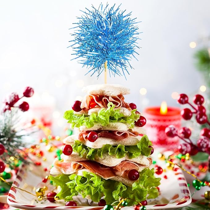 Chinco 100 Pcs Foil Firework Cupcake Toppers Sparkle Tinsel Cake Toppers Cake Decoration Cocktail Fruit Toothpick for Birthday Wedding Graduation Party(Pink, Light Blue)