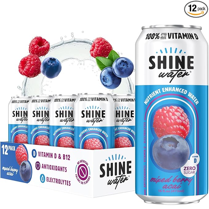 ShineWater Vitamin D Hydration Electrolyte Drink - Flavored water with electrolytes, Sugar-Free, Magnesium, Zinc, Vitamin B12, Folic Acid, Plant-Based, Low Calorie - Mixed Berry Fruit Water 12 Pack