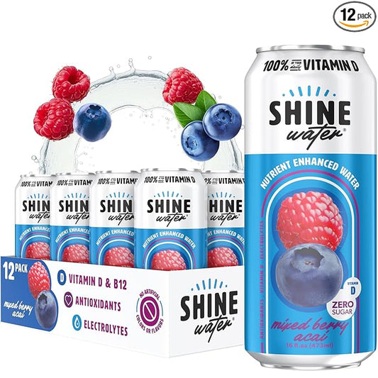 ShineWater Vitamin D Hydration Electrolyte Drink - Flavored water with electrolytes, Sugar-Free, Magnesium, Zinc, Vitamin B12, Folic Acid, Plant-Based, Low Calorie - Mixed Berry Fruit Water 12 Pack