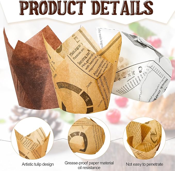 800 Pcs Tulip Cupcake Liners Baking Cups Muffin Baking Cupcake Liners Wrappers Greaseproof Tulip Cups Holders for Party Wedding Birthday Baby Showers(Newspaper,Mocha Style)