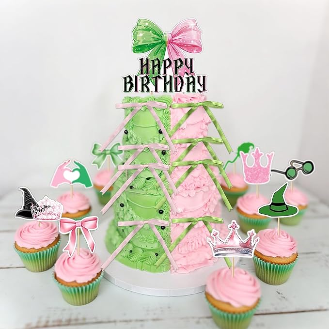 Witch Birthday Cake Decorations Pink Green Cupcake Toppers Pink and Green Birthday Party Supplies Cake Decorations