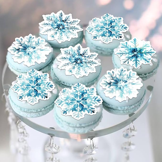 60 PCS Edible Snowflake Cupcake Toppers Snowflakes Cupcake Picks Edible Frozen Birthday Decorations for Winter Wonderland Baby Shower Birthday Christmas Party Cake Decorations Supplies White Blue