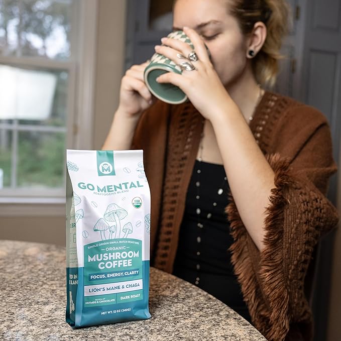 Organic Mushroom Coffee 3 Bag Gift Box Set, Lion's Mane & Chaga, Red Reishi & Chaga Decaffeinated, Turkey Tail & Cordyceps, Immune Support & Overall Wellbeing Dark Roast 36oz Ground