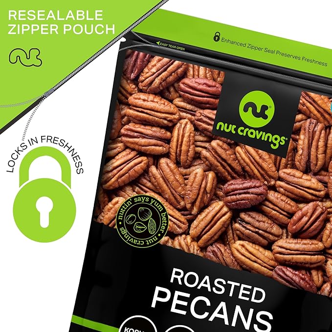 NUT CRAVINGS - Pecans Halves, Roasted & Unsalted, No Shell (16oz - 1 LB) Bulk Nuts Packed Fresh in Resealable Bag - Healthy Protein Food Snack, Food Assortments