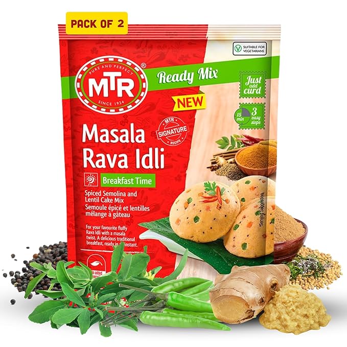 MTR Instant Masala Rava Idli Mix - Ready to Cook Authentic Indian Breakfast, Lunch, Dinner or Snack Meal - No Added Preservatives - A Quick & Easy Recipe Suitable for Vegetarians - (500g, Pack of 2)