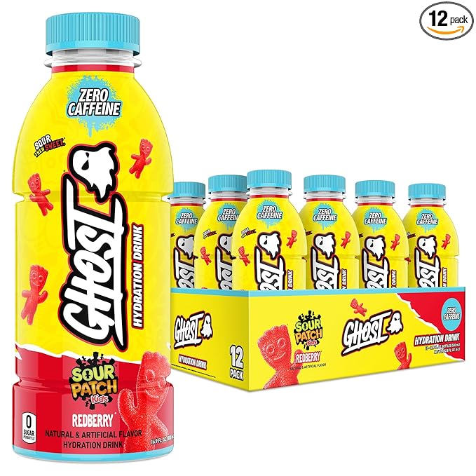 GHOST Hydration Drink, Sour Patch Kids Redberry - RTD Sports Drinks with Electrolytes for Hydration - Beverage for Athletes - Zero Caffeine & Zero Sugars - 16.9 Fl Oz, 12 Pack