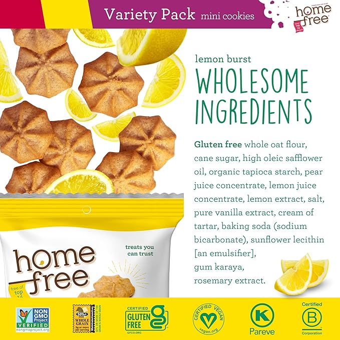 Homefree Treats You Can Trust Gluten Free Mini's, Variety pack with Lemon Burst, 30 Count