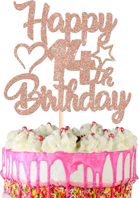 1 Pack Happy 14th Birthday Cake Topper Glitter Heart Star 14 Fabulous Cake Pick Birthday Sign Cake Decorations for 14th Birthday Theme Party Supplies Rosegold
