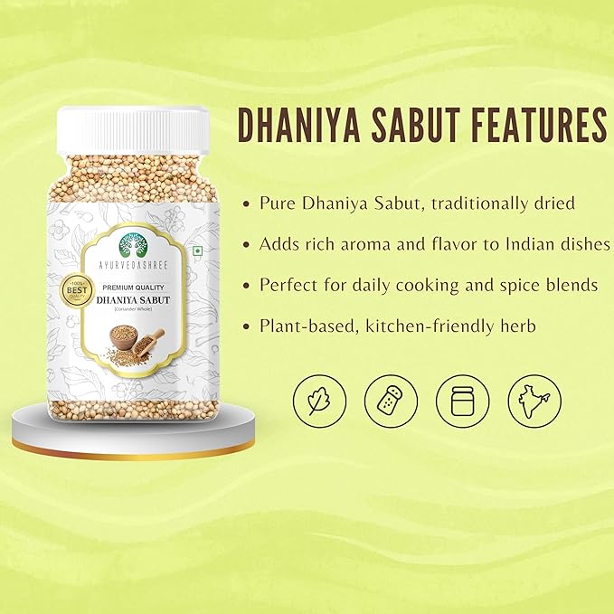 AYURVEDASHREE Coriander Whole (Indian Dhania) Spice 80gm PET Jar | All Natural | Salt-Free | Vegan | No Colors | | NON-GMO | Dhania Sabut | Indian Origin