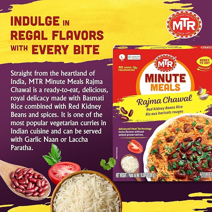 MTR Ready-To-Eat: Rajma Chawal - Red Kidney Beans Rice - Microwavable Rice Packs for Instant Meals - Delicious & Nutritious Rice Ready in Minutes - Suitable for Vegetarians with Natural Ingredients - (Pack of 6)